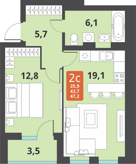 47,2 м², 2-комнатная квартира 5 990 000 ₽ - изображение 1
