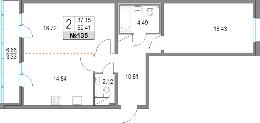 69,4 м², 2-комнатная квартира 16 996 320 ₽ - изображение 1