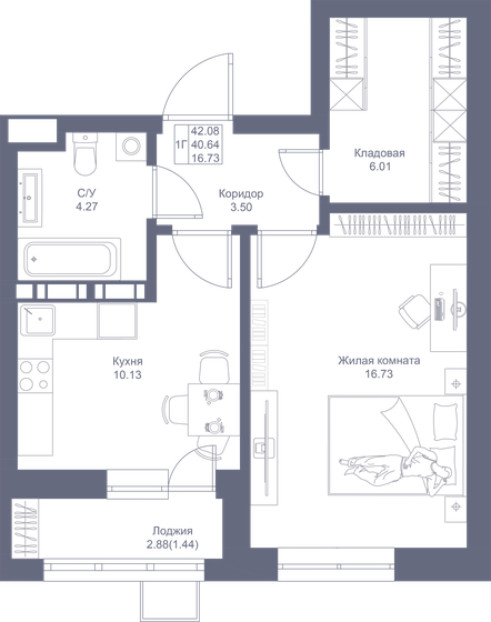 42,1 м², 1-комнатная квартира 9 636 320 ₽ - изображение 1
