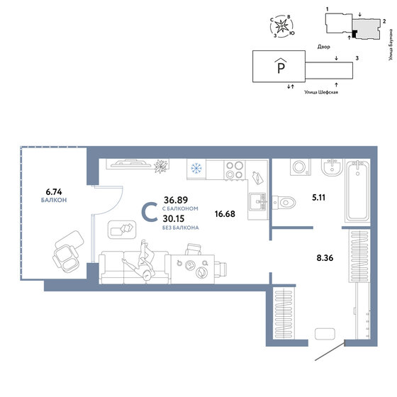 36,9 м², квартира-студия 6 090 000 ₽ - изображение 1