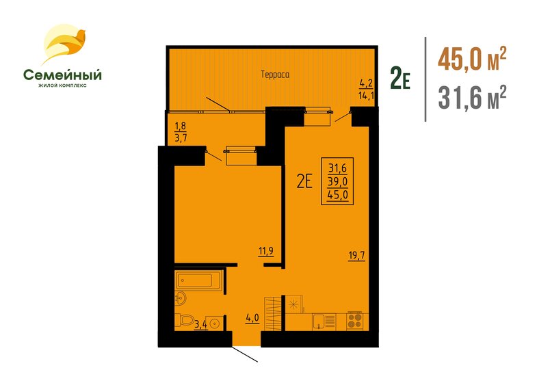 45 м², 2-комнатная квартира 3 870 000 ₽ - изображение 1