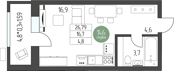 Квартира 30,5 м², студия - изображение 1