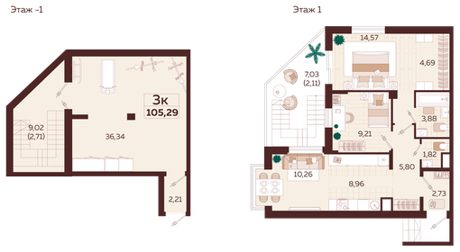 Квартира 105,3 м², 3-комнатная - изображение 1