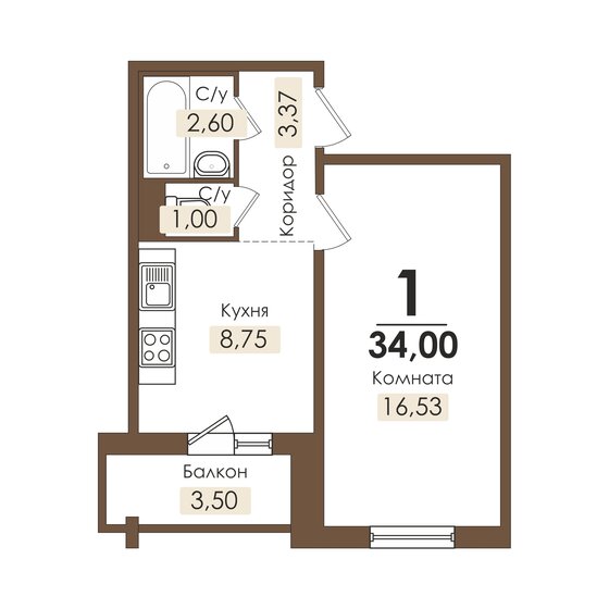 34 м², 1-комнатная квартира 2 777 800 ₽ - изображение 1