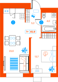 45,7 м², 1-комнатная квартира 5 730 000 ₽ - изображение 1