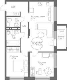 Квартира 64,9 м², 2-комнатная - изображение 1