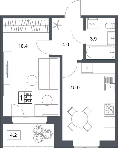 43,4 м², 1-комнатная квартира 4 669 840 ₽ - изображение 1