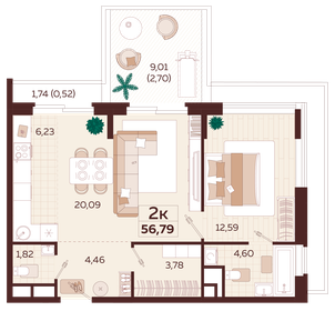 Квартира 56,8 м², 2-комнатная - изображение 1