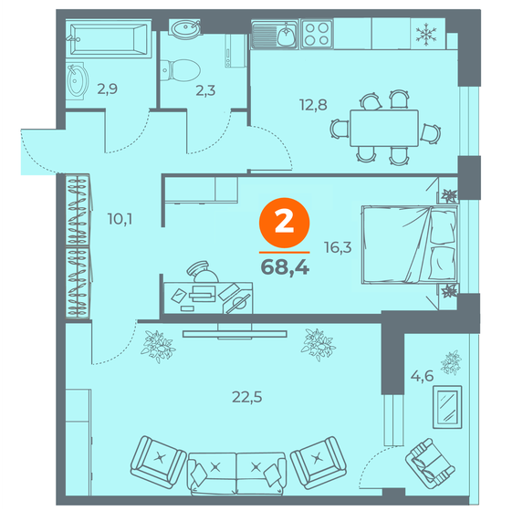 69,1 м², 2-комнатная квартира 9 190 300 ₽ - изображение 1
