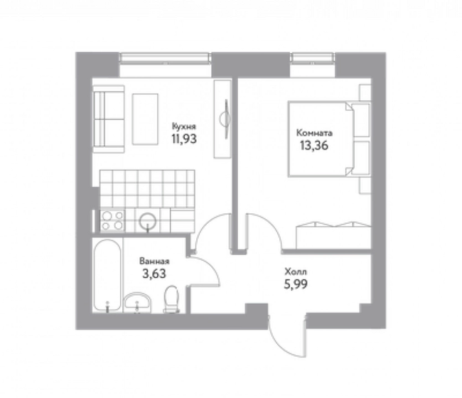 35,2 м², 1-комнатная квартира 3 696 000 ₽ - изображение 1