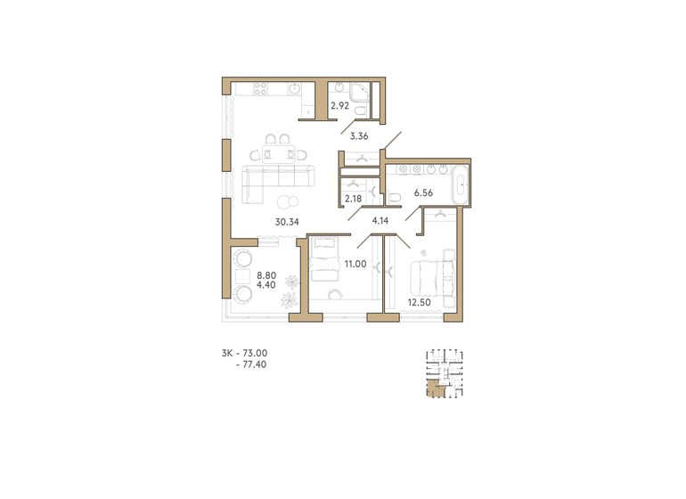 77,4 м², 3-комнатная квартира 10 449 000 ₽ - изображение 1