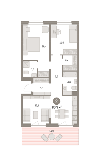 86,9 м², 2-комнатная квартира 16 220 000 ₽ - изображение 1