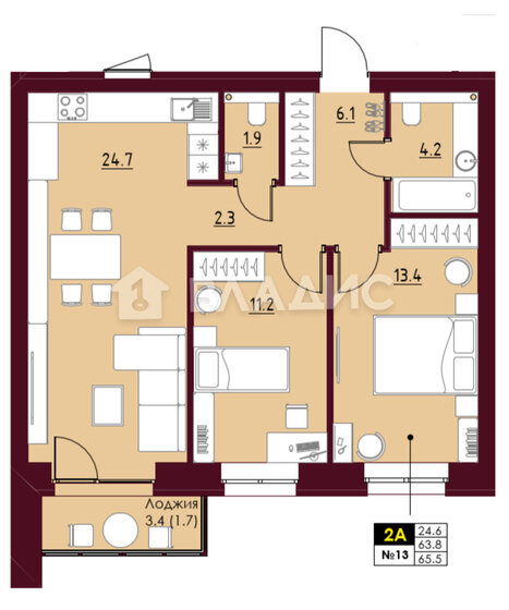 65,5 м², 2-комнатная квартира 9 157 000 ₽ - изображение 1