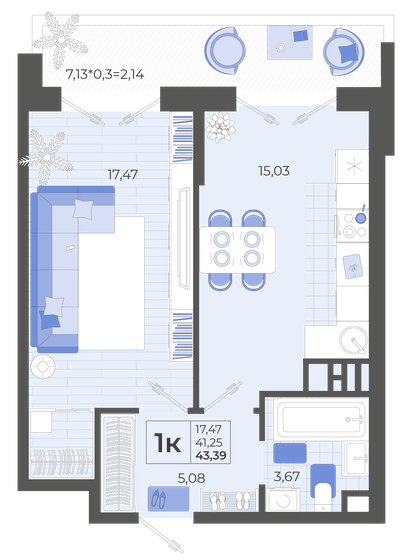 43,4 м², 1-комнатная квартира 5 141 715 ₽ - изображение 1