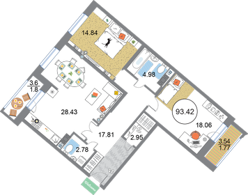 Квартира 93,4 м², 2-комнатная - изображение 1