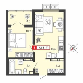 Квартира 42,8 м², 1-комнатная - изображение 1