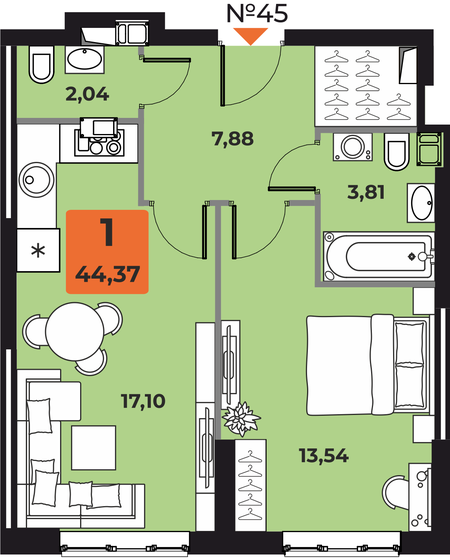 44,4 м², 1-комнатная квартира 6 966 090 ₽ - изображение 1