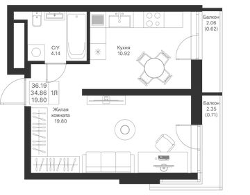 Квартира 36,2 м², 1-комнатная - изображение 1