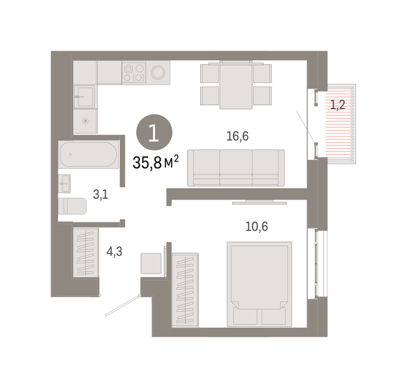 35,8 м², 1-комнатная квартира 14 550 000 ₽ - изображение 1