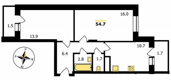 Квартира 54 м², 2-комнатная - изображение 1