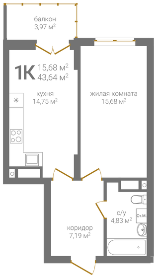 43,6 м², 1-комнатная квартира 10 779 080 ₽ - изображение 1