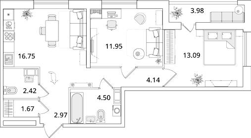 Квартира 59,5 м², 2-комнатная - изображение 1