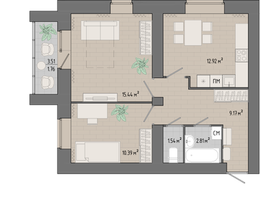 Квартира 54 м², 2-комнатная - изображение 1