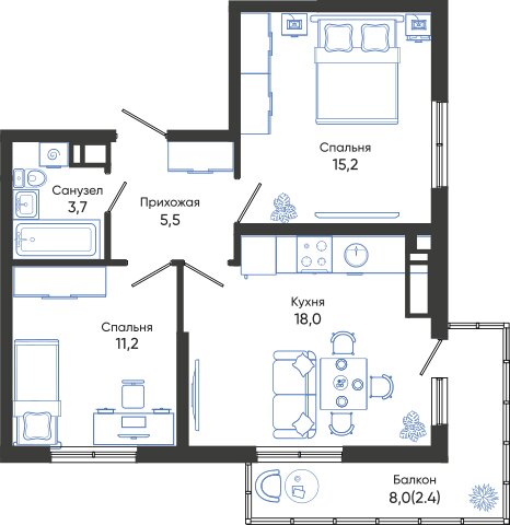 56 м², 2-комнатная квартира 10 544 800 ₽ - изображение 1