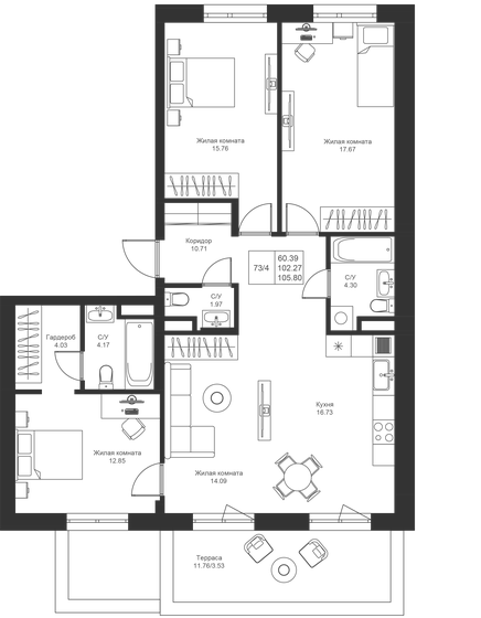 105,8 м², 4-комнатная квартира 12 167 000 ₽ - изображение 1