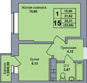 Квартира 33,6 м², 1-комнатная - изображение 1