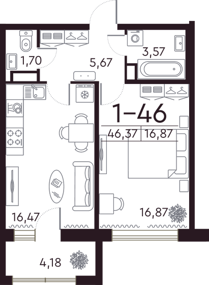 46,4 м², 1-комнатная квартира 23 166 476 ₽ - изображение 1