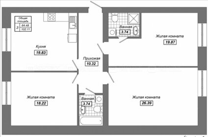 Квартира 102 м², 3-комнатная - изображение 1
