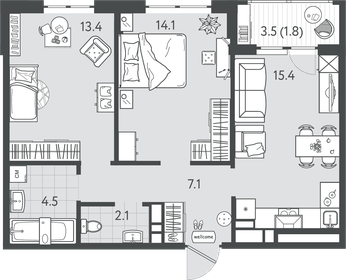 Квартира 58,4 м², 2-комнатная - изображение 1