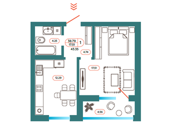 45 м², 1-комнатная квартира 4 700 000 ₽ - изображение 78