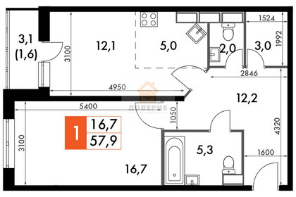 Квартира 58,2 м², 1-комнатная - изображение 1