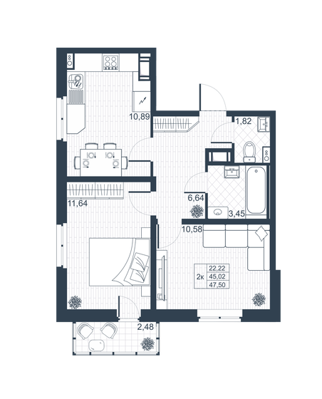 45,8 м², 2-комнатная квартира 7 164 369 ₽ - изображение 1