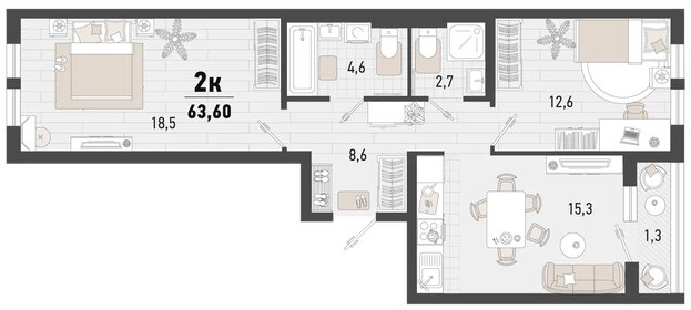 Квартира 63,6 м², 2-комнатная - изображение 1