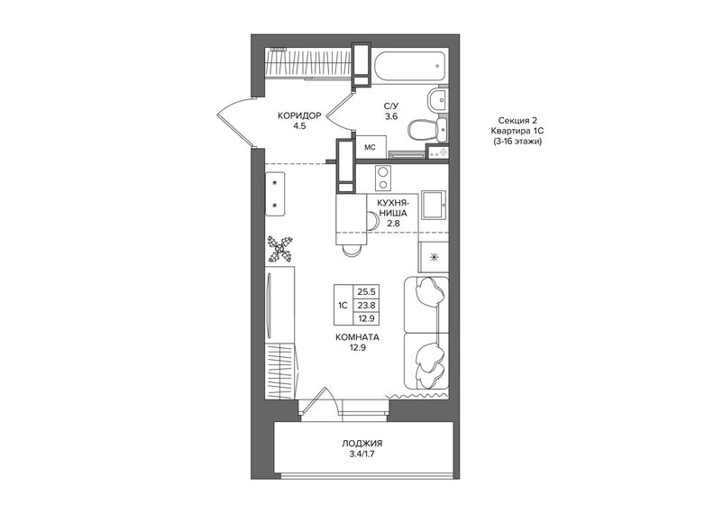 25,5 м², квартира-студия 3 746 000 ₽ - изображение 1