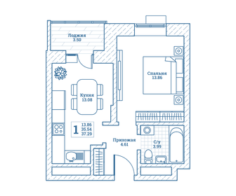 Квартира 37,3 м², 1-комнатная - изображение 1