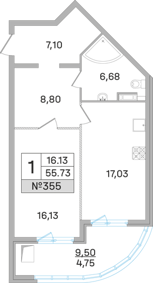 55,7 м², 1-комнатная квартира 10 654 430 ₽ - изображение 1