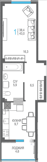 43 м², 1-комнатная квартира 5 375 000 ₽ - изображение 1