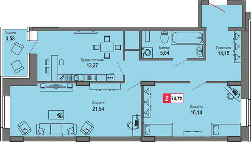 Квартира 73,7 м², 2-комнатная - изображение 1