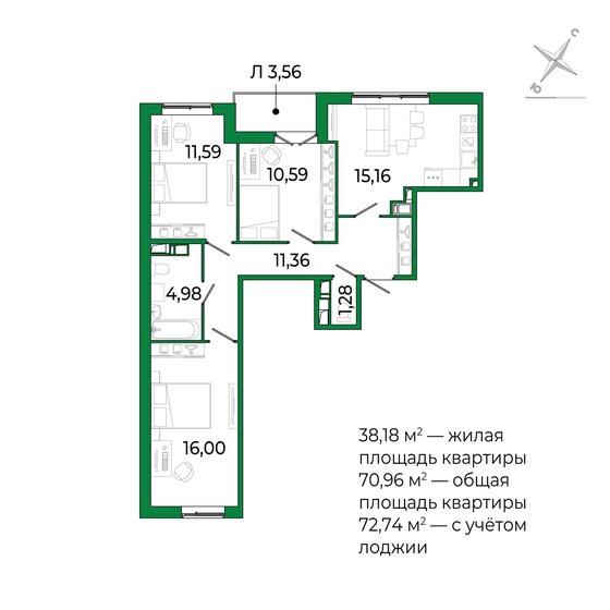 72,7 м², 3-комнатная квартира 10 838 260 ₽ - изображение 1