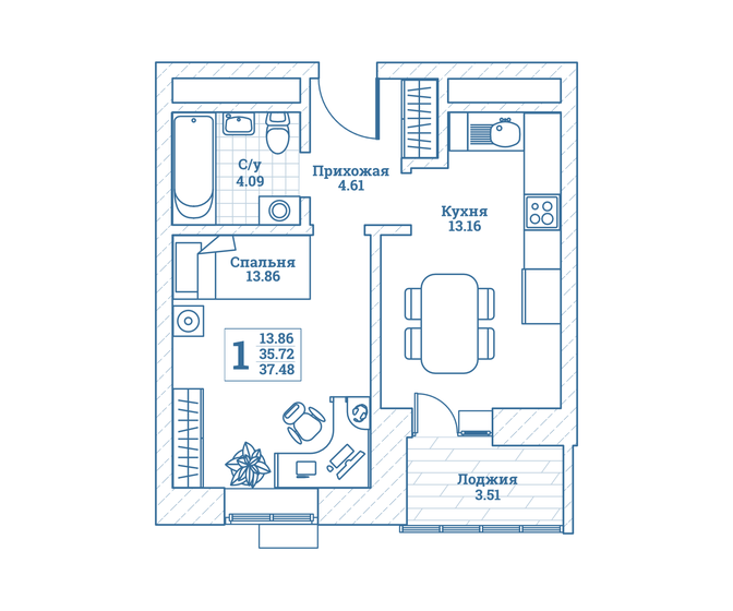 37,5 м², 1-комнатная квартира 4 385 160 ₽ - изображение 51