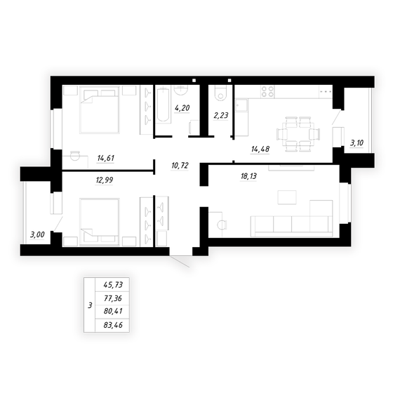 80,4 м², 3-комнатная квартира 5 999 000 ₽ - изображение 1