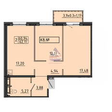 Квартира 62,1 м², 2-комнатная - изображение 1