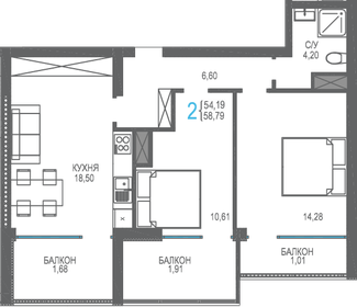 Квартира 58,8 м², 2-комнатная - изображение 1