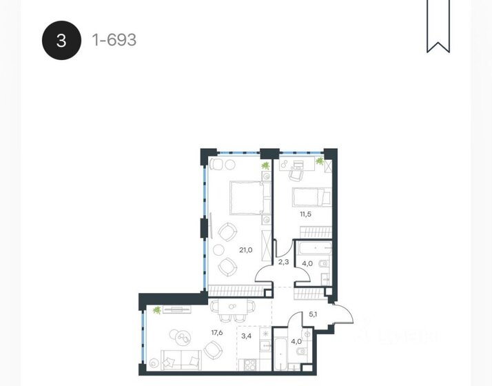 69,2 м², 3-комнатная квартира 22 000 000 ₽ - изображение 1