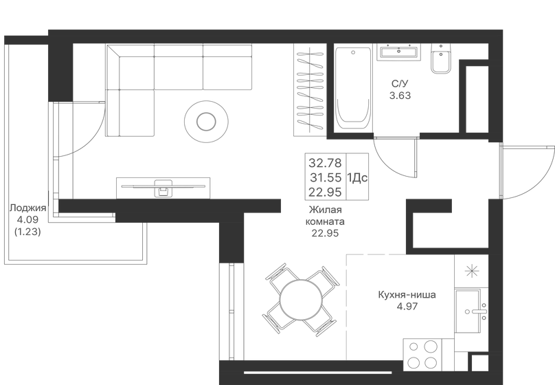32,8 м², 1-комнатная квартира 8 588 360 ₽ - изображение 1