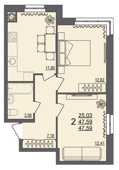 47,6 м², 2-комнатная квартира 4 996 950 ₽ - изображение 1